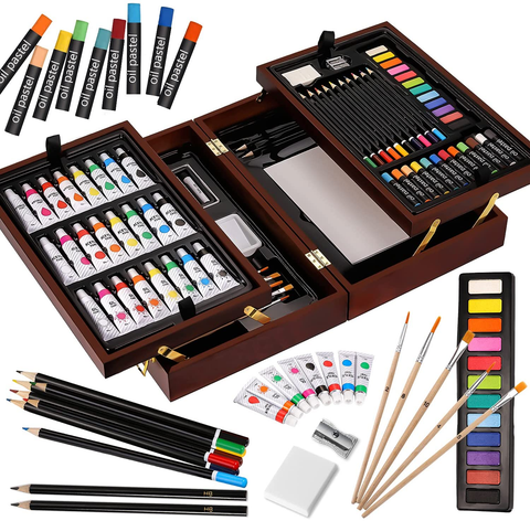 Image of Deluxe Art Set in Wooden Case, with Soft & Oil Pastels, Acrylic & Watercolor Paints, Water Color, Sketching, Charcoal & Colored Pencils, Watercolor Cakes and Tools