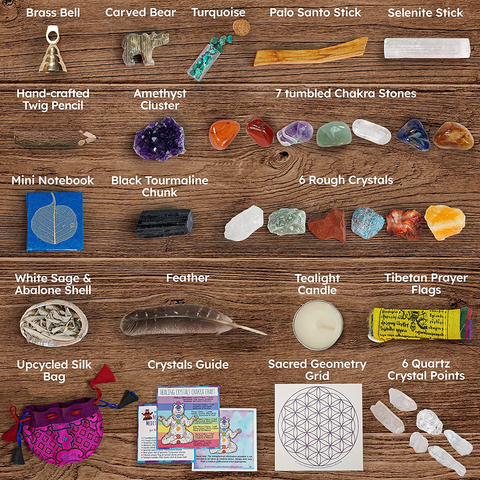 Image of DANCING BEAR Deluxe Healing Crystals (35 Pc Set) Altar & Meditation Kit, Chakra Balance Stones, Abalone Shell & Sage, Smudge Feather, Real Turquoise, Spirit Animal, Bell, Prayer Flag, Made in USA