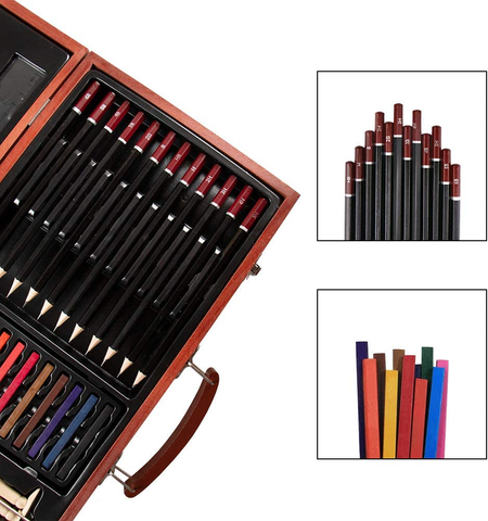Image of Professional Art Kit, 58 Piece Drawing and Sketching Art Set, Colored Pencils and Charcoal Pencils in Wooden Box, Art Supplies for Kids, Teens and Adults