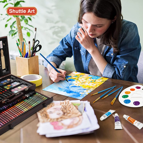 Image of 186 Piece Deluxe Art Set, Shuttle Art Art Supplies in Wooden Case, Painting Drawing Art Kit with Acrylic Paint Pencils Oil Pastels Watercolor Cakes Coloring Book Watercolor Sketch Pad for Kids Adults