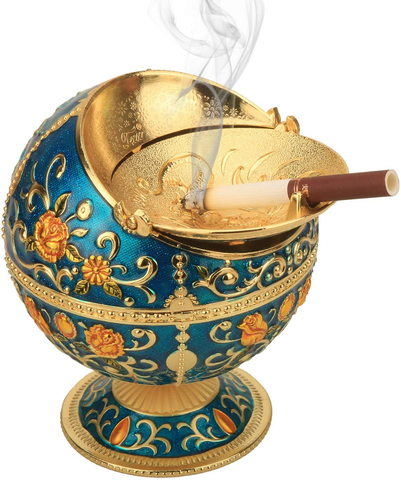 Image of Windproof Ashtray with Flip Lid, Handcrafted Rose Pattern Classy Gift for Women Men (Transparent Blue-Golden)