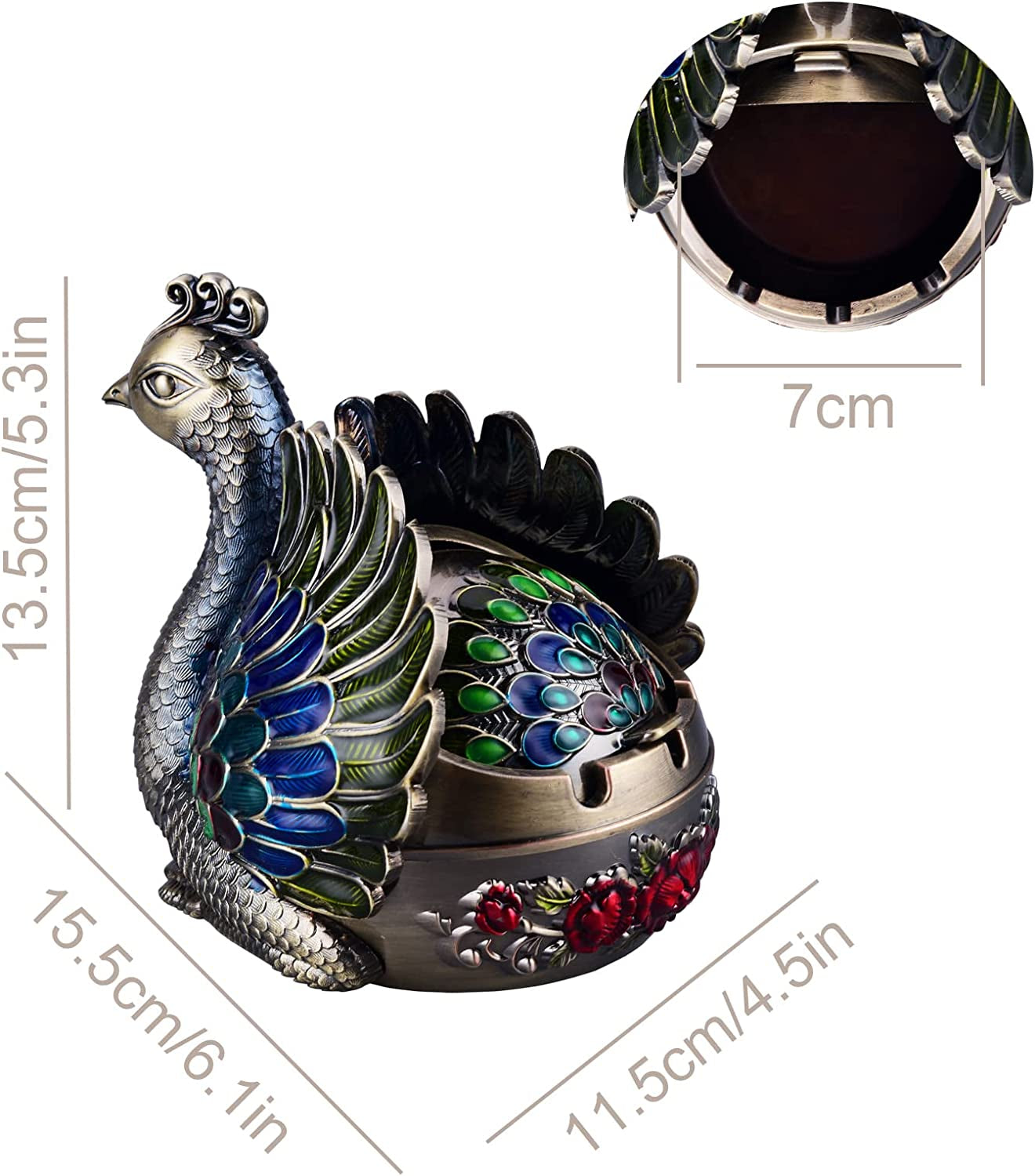 Peacock Metal Ashtray with Lid (Bronze)