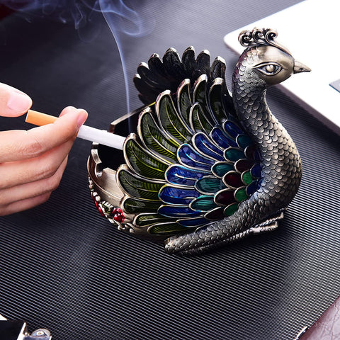 Peacock Metal Ashtray with Lid (Bronze)