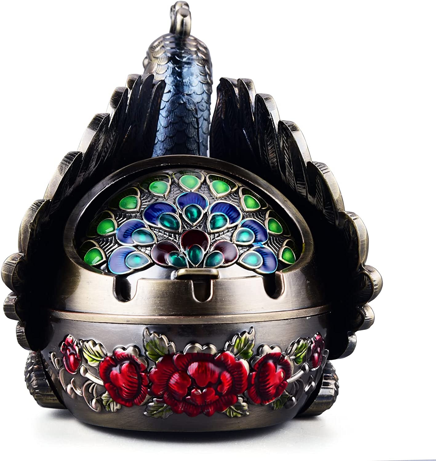 Peacock Metal Ashtray with Lid (Bronze)