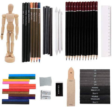 Image of Professional Art Kit, 58 Piece Drawing and Sketching Art Set, Colored Pencils and Charcoal Pencils in Wooden Box, Art Supplies for Kids, Teens and Adults