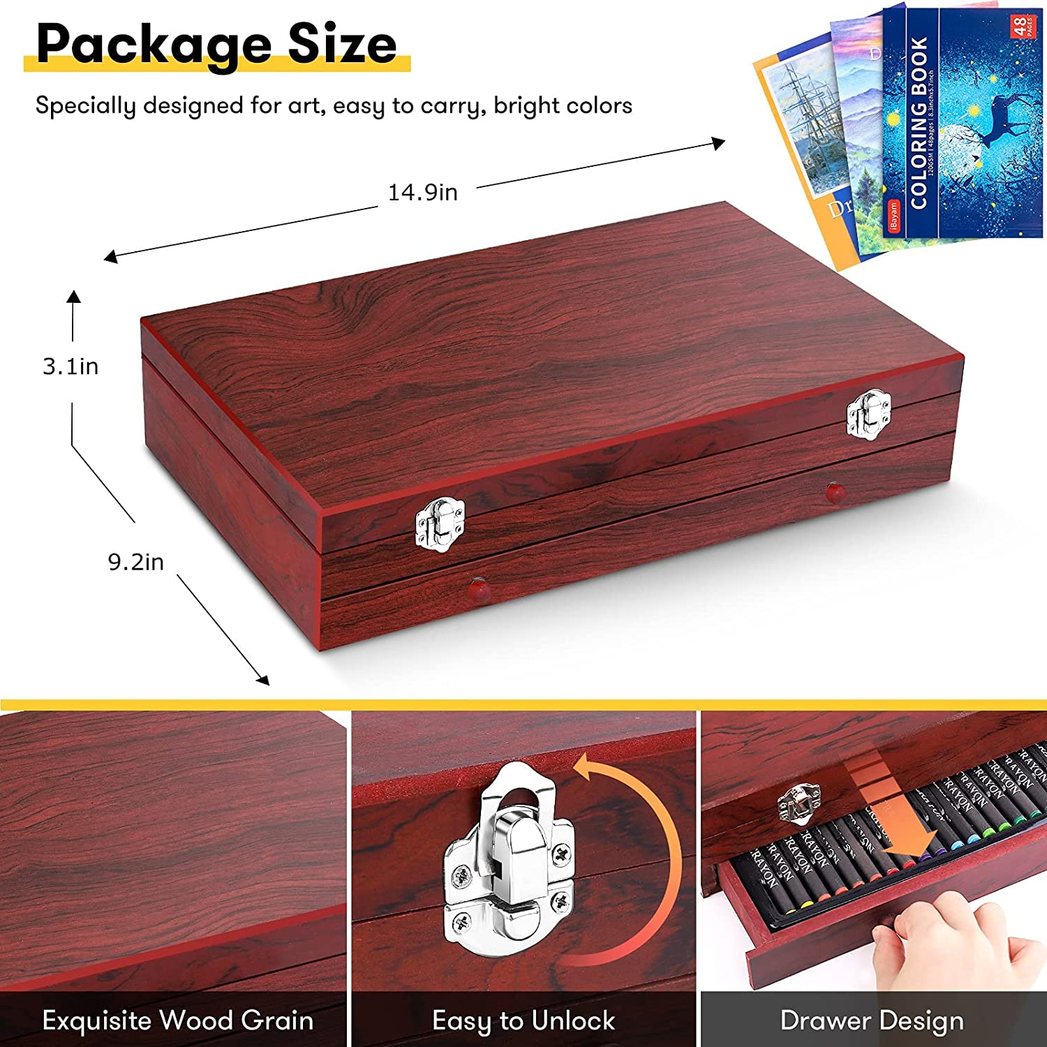 150-Pack Deluxe Wooden Art Set Crafts Drawing Painting Kit with 1 Coloring Book, 2 Sketch Pads, Creative Gift Box for Adults Artist Beginners Kids Girls Boys 5 -12