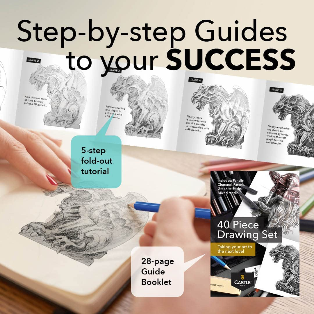 Castle Art Supplies Graphite Drawing Pencils and Sketch Set (40-Piece Kit), Complete Artist Kit Includes Charcoals, Pastels and Zippered Carry Case, Includes Rare Pop-Up Stand