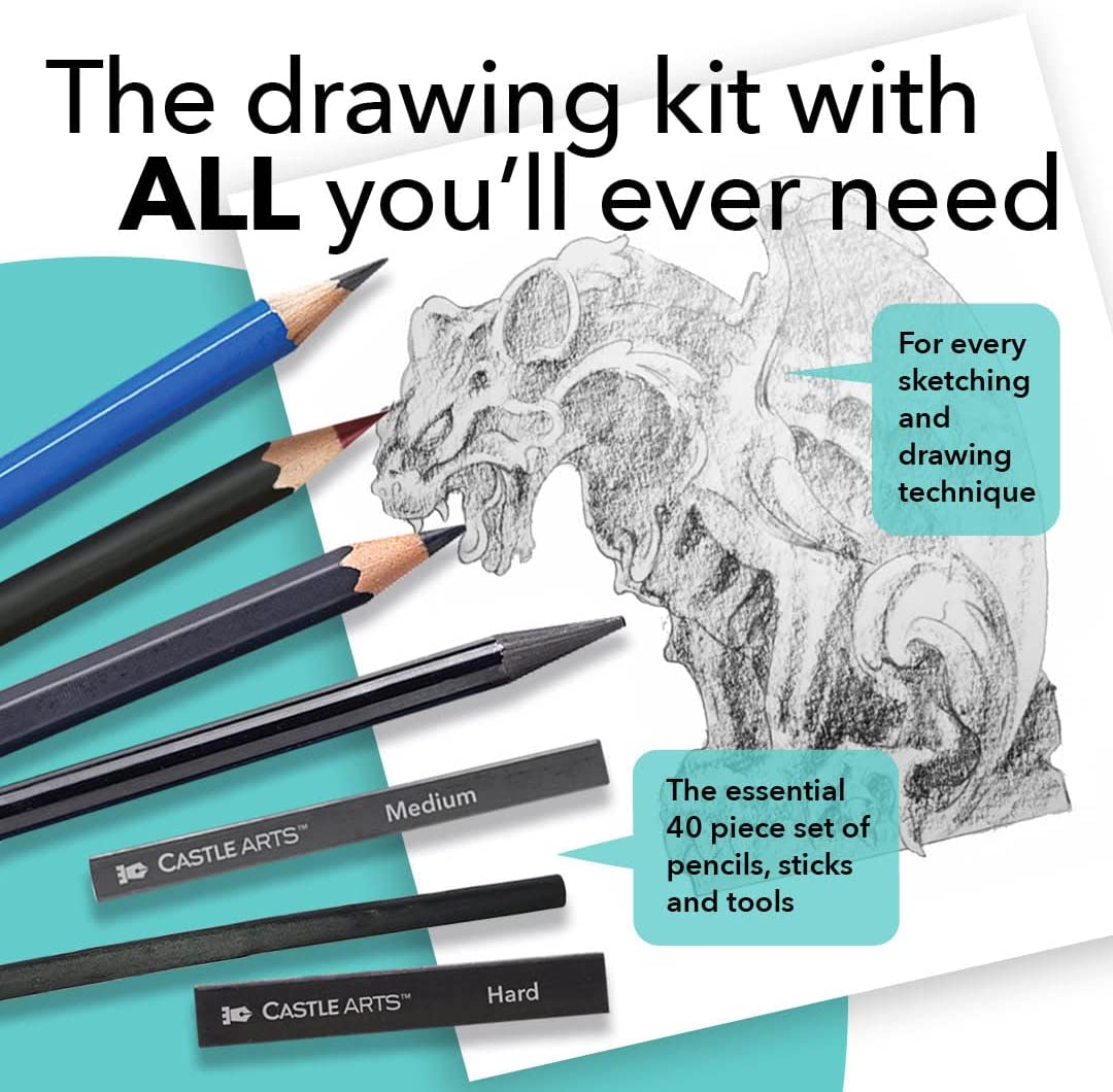 Castle Art Supplies Graphite Drawing Pencils and Sketch Set (40-Piece Kit), Complete Artist Kit Includes Charcoals, Pastels and Zippered Carry Case, Includes Rare Pop-Up Stand