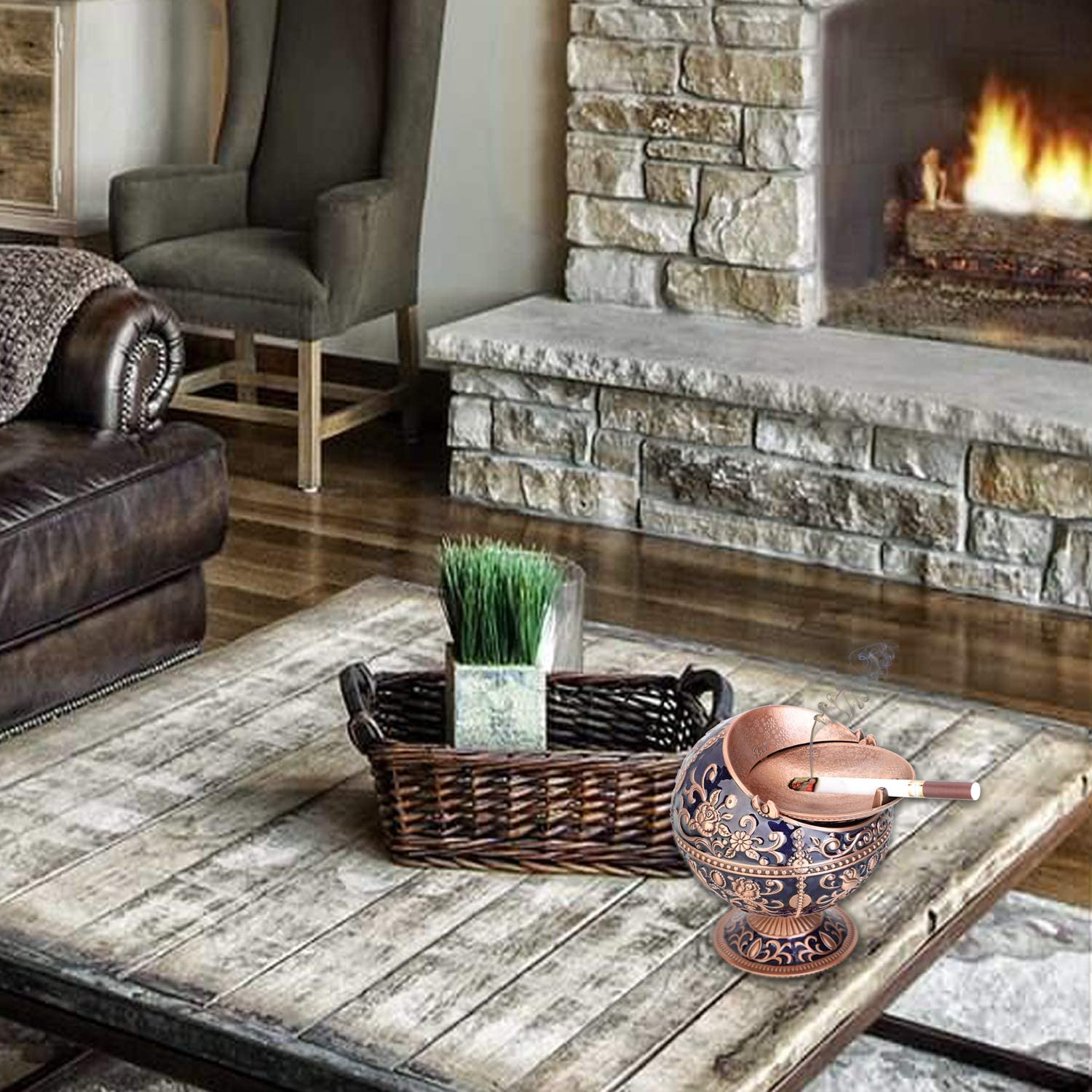 Windproof Ashtray with Lid (Navy Blue-Red Copper)