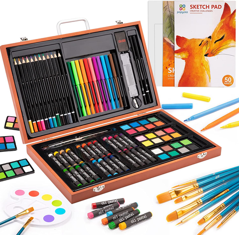 Image of Art Supplies 94 Piece Wooden Art Set for Painting, Sketching, Coloring Creative Portable Art Kit with Colored Pencils, Oil Pastels, Watercolor Cakes for Teens, Adults (Grass Green)