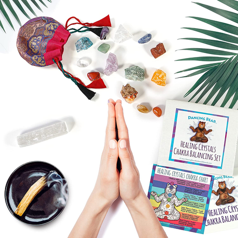 Image of DANCING BEAR Healing Crystals Chakra Balance Kit (17 Pc Starter Set), 7 Tumbled & 7 Rough Stones, Selenite Stick & Palo Santo Smudge for Good Energy, Chart & Guide with Metaphysical Info, Made in USA