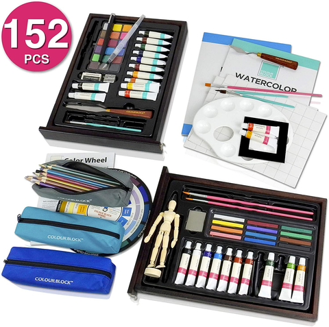 Image of COLOUR BLOCK 152 Pc Wooden Easel Painting & Drawing Mixed Media Art Set - Acrylic & Watercolor Paint; Sketching, Color & Metallic Pencils and Tools. Professional Art Set for Adults and All Artists