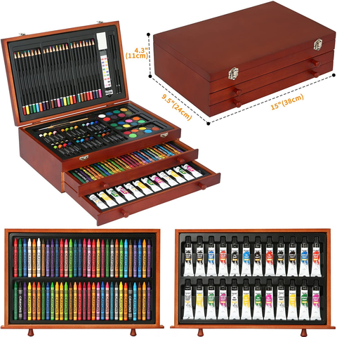 Image of MEEDEN 215-Piece Mega Wooden Box Art Set, Deluxe Painting & Drawing Kit with All Paint Supplies for Kids, Beginners and Adults