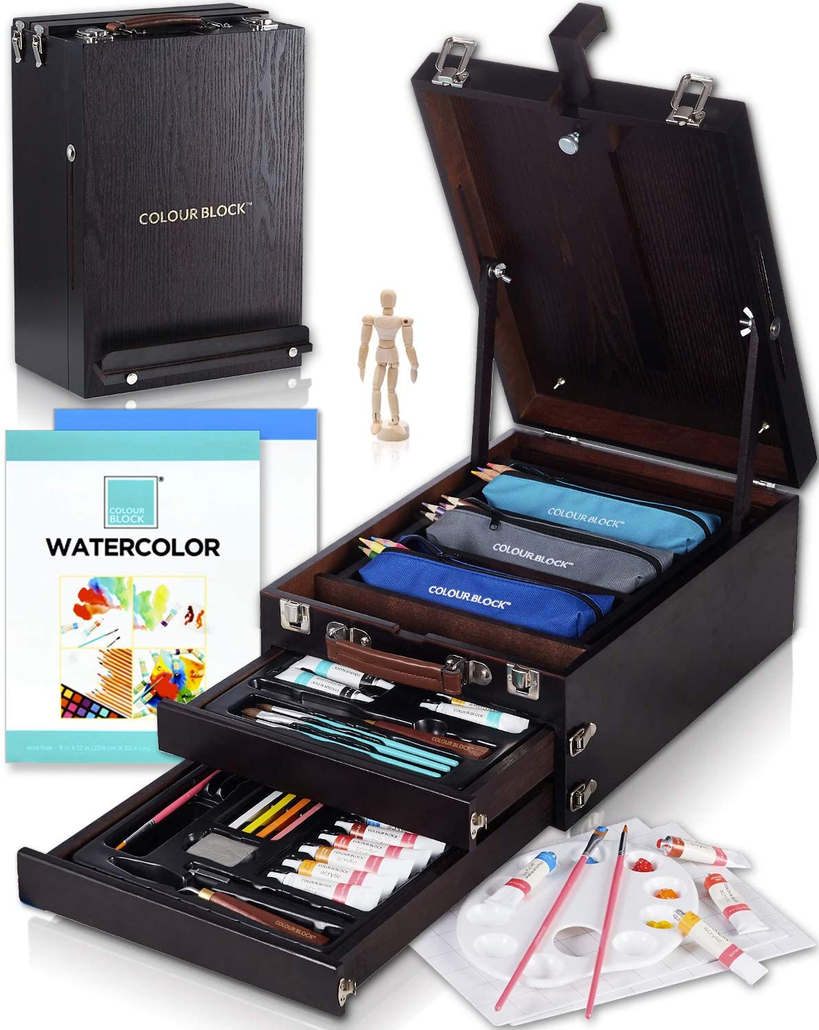 COLOUR BLOCK 152 Pc Wooden Easel Painting & Drawing Mixed Media Art Set - Acrylic & Watercolor Paint; Sketching, Color & Metallic Pencils and Tools. Professional Art Set for Adults and All Artists