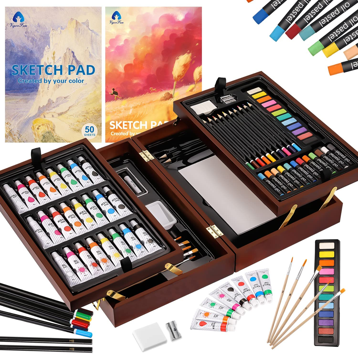 Deluxe Art Set in Wooden Case, with Soft & Oil Pastels, Acrylic & Watercolor Paints, Water Color, Sketching, Charcoal & Colored Pencils, Watercolor Cakes and Tools