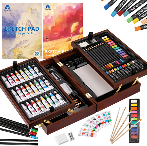 Image of Deluxe Art Set in Wooden Case, with Soft & Oil Pastels, Acrylic & Watercolor Paints, Water Color, Sketching, Charcoal & Colored Pencils, Watercolor Cakes and Tools