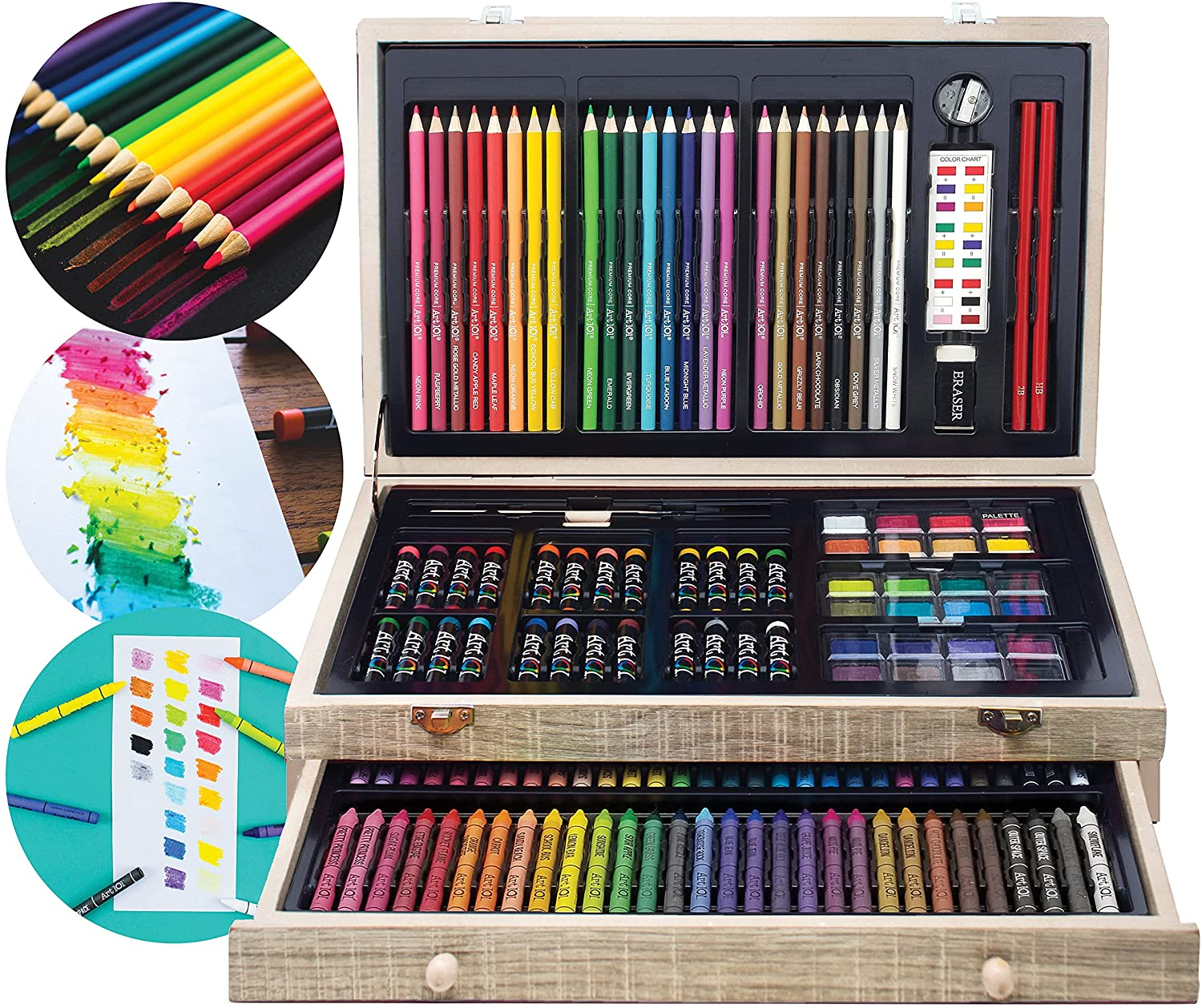 142 Pc Art Set in a Wood Carrying Case, Includes 24 Premium Colored Pencils, a Variety of Coloring and Painting Mediums: Crayons, Oil Pastels, Watercolors; Portable Art Studio
