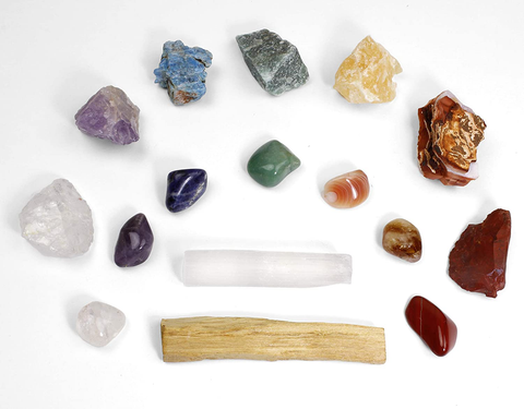 Image of DANCING BEAR Healing Crystals Chakra Balance Kit (17 Pc Starter Set), 7 Tumbled & 7 Rough Stones, Selenite Stick & Palo Santo Smudge for Good Energy, Chart & Guide with Metaphysical Info, Made in USA
