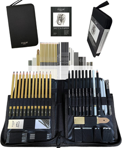Sketching Supplies and Drawing Pencils; Artists Sketch Kit Includes Assorted Graphite and Charcoal Pencils and Sticks Presented in Sturdy Portable Case with Integrated Stands; EVAZAR Quality Art Supplies