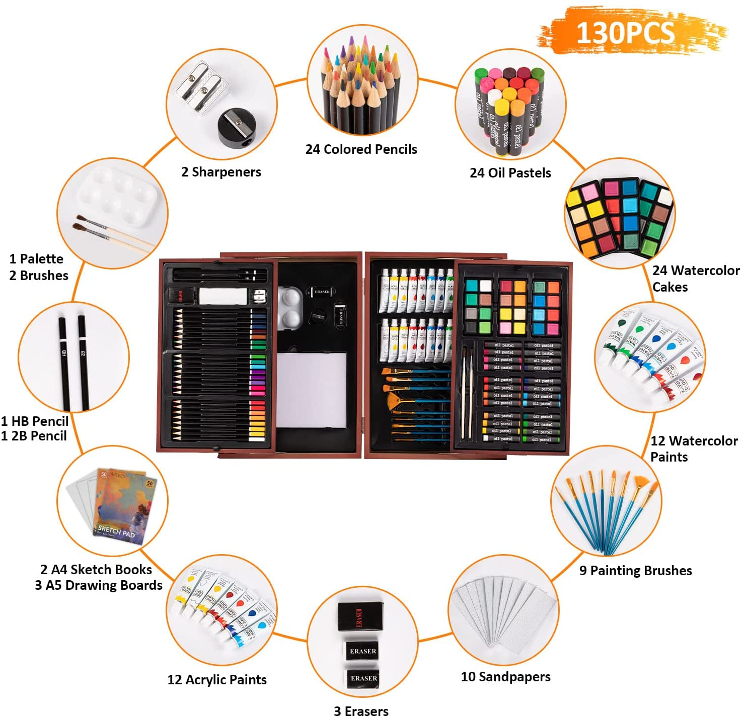 130-Piece Art Kit Painting Supplies in Portable Wooden Art Case, Acrylic Paints, Oil Pastels, Colored Pencils, Portable Art Set Gift for Kids Beginners and Artists
