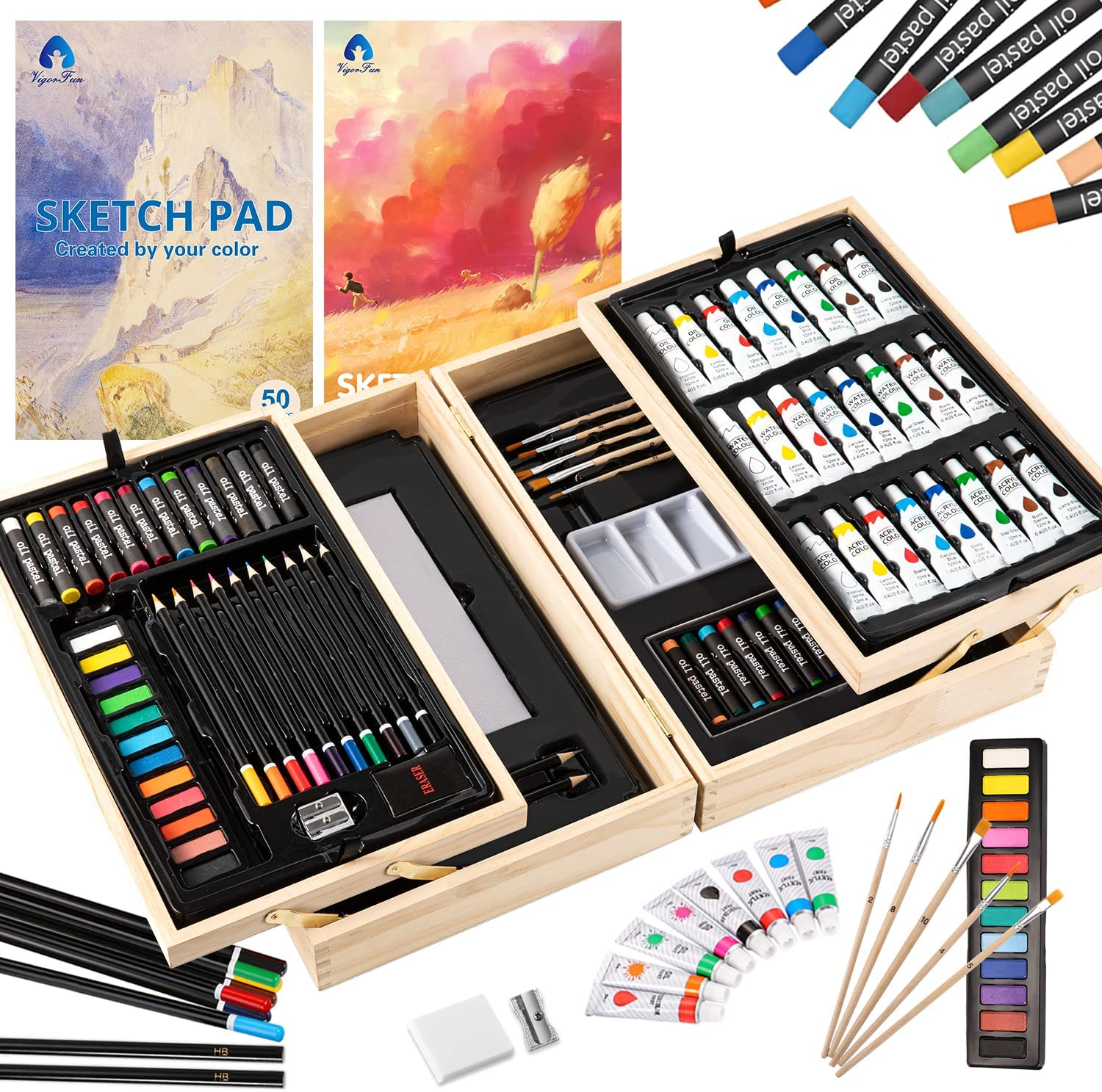 Deluxe Art Set in Wooden Case, with Soft & Oil Pastels, Acrylic & Watercolor Paints, Water Color, Sketching, Charcoal & Colored Pencils, Watercolor Cakes and Tools