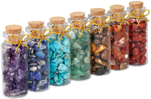 Image of SUNYIK 9 Mini Gemstone Bottles Chip Crystal Healing Tumbled Gem Reiki Wicca Stones Set