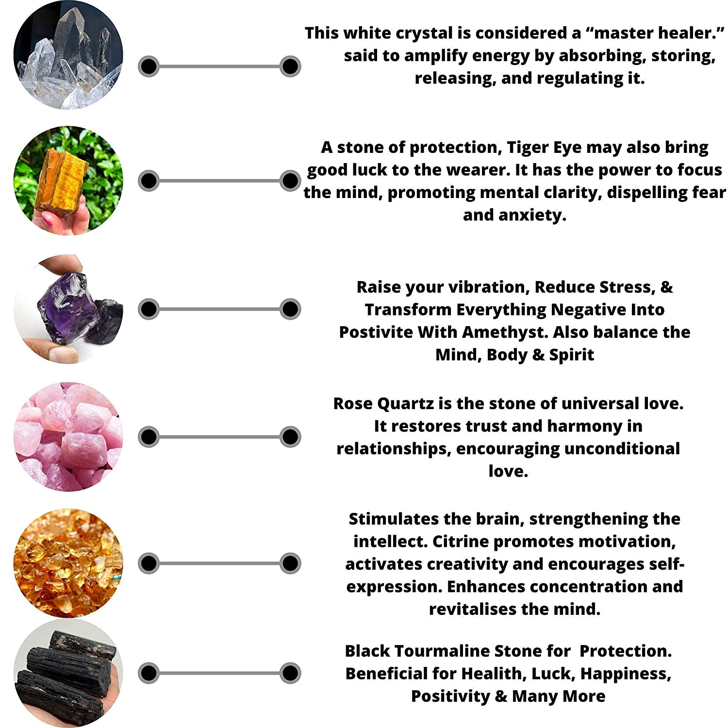 Healing Crystal Wand Set of 6 Orgonite – Includes 3” Amethyst Crystal, Tigers Eye, Rose Quartz, Black Tourmaline Stone, Citrine and Clear Quartz Orgone Crystal plus Black Tourmaline Necklace