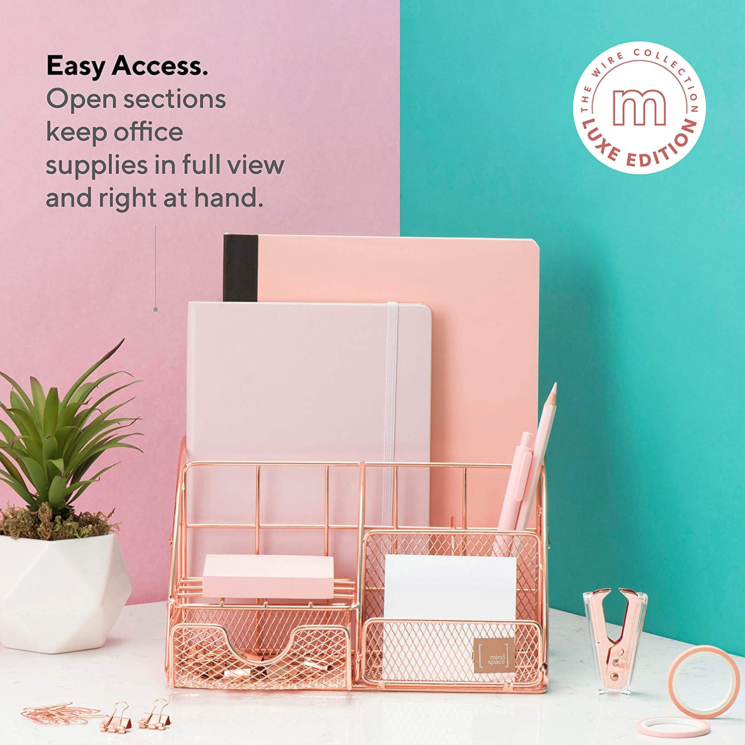 Rose Gold Desk Accessories, Desk Organizer & Office Decor for Women, Office Supplies Pen Holder | Paper & Binder Clips Included - Features 5 Compartments + Drawer | the Wire Collection