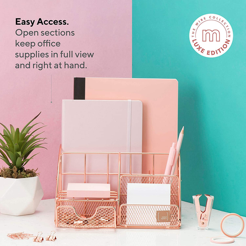 Image of Rose Gold Desk Accessories, Desk Organizer & Office Decor for Women, Office Supplies Pen Holder | Paper & Binder Clips Included - Features 5 Compartments + Drawer | the Wire Collection