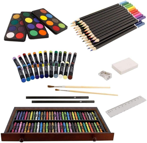 Image of U.S. Art Supply 143-Piece Mega Wood Box Art Painting, Sketching and Drawing Set in Storage Case - 24 Watercolor Paint Colors, 24 Oil Pastels, 24 Colored Pencils, 60 Crayons, 2 Brushes, Artist Kit
