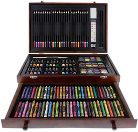 U.S. Art Supply 143-Piece Mega Wood Box Art Painting, Sketching and Drawing Set in Storage Case - 24 Watercolor Paint Colors, 24 Oil Pastels, 24 Colored Pencils, 60 Crayons, 2 Brushes, Artist Kit