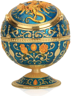 Windproof Ashtray with Flip Lid, Handcrafted Rose Pattern Classy Gift for Women Men (Transparent Blue-Golden) 