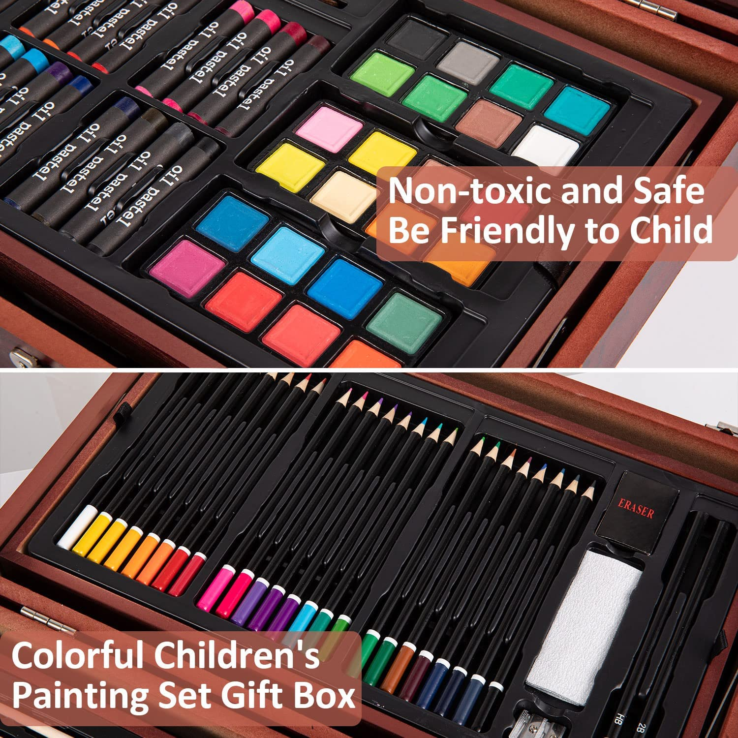 130-Piece Art Kit Painting Supplies in Portable Wooden Art Case, Acrylic Paints, Oil Pastels, Colored Pencils, Portable Art Set Gift for Kids Beginners and Artists