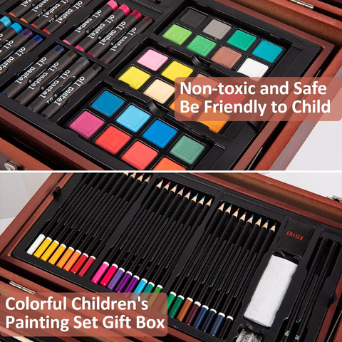 Image of 130-Piece Art Kit Painting Supplies in Portable Wooden Art Case, Acrylic Paints, Oil Pastels, Colored Pencils, Portable Art Set Gift for Kids Beginners and Artists