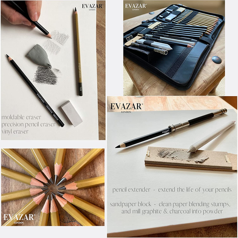Image of Sketching Supplies and Drawing Pencils; Artists Sketch Kit Includes Assorted Graphite and Charcoal Pencils and Sticks Presented in Sturdy Portable Case with Integrated Stands; EVAZAR Quality Art Supplies