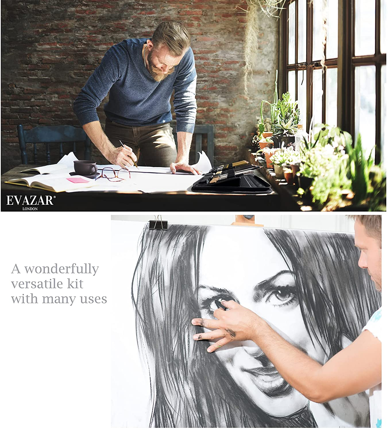 Sketching Supplies and Drawing Pencils; Artists Sketch Kit Includes Assorted Graphite and Charcoal Pencils and Sticks Presented in Sturdy Portable Case with Integrated Stands; EVAZAR Quality Art Supplies