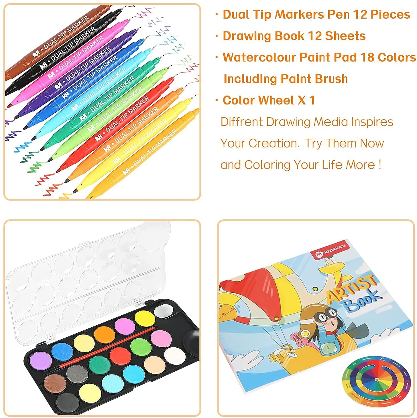 MEEDEN Kids Drawing Set,Gift for Kids,Wood Case Artist Painting Set with Silky Crayons,Oil Pastels,Waterbased Pencils,Dry Erase Markers,Kids Art Supply Coloring Set with Paint Pad&White Drawing Board