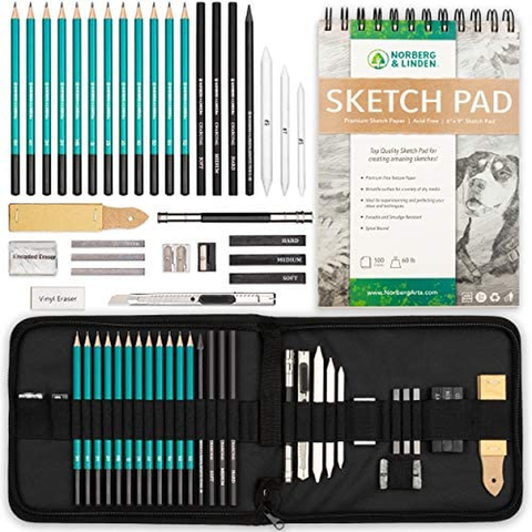 Image of Norberg & Linden XL Drawing Set - Sketching, Graphite and Charcoal Pencils. Includes 100 Page Drawing Pad, Kneaded Eraser, Blending Stump. Art Kit and Supplies for Kids, Teens and Adults.