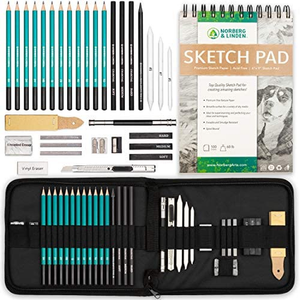 Norberg & Linden XL Drawing Set - Sketching, Graphite and Charcoal Pencils. Includes 100 Page Drawing Pad, Kneaded Eraser, Blending Stump. Art Kit and Supplies for Kids, Teens and Adults.