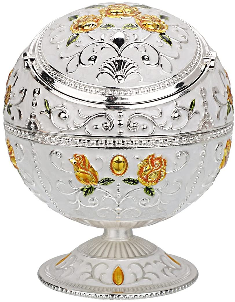 Hand Stamped Rose Pattern Ashtray (Silver- with Green Leaf)