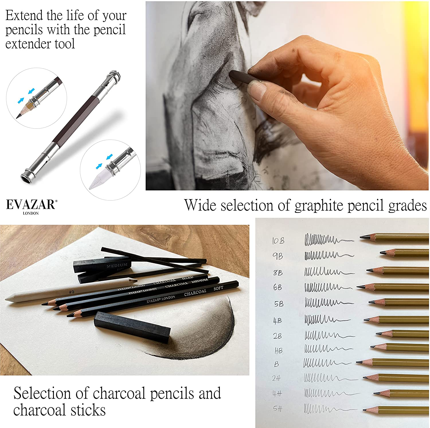 Sketching Supplies and Drawing Pencils; Artists Sketch Kit Includes Assorted Graphite and Charcoal Pencils and Sticks Presented in Sturdy Portable Case with Integrated Stands; EVAZAR Quality Art Supplies