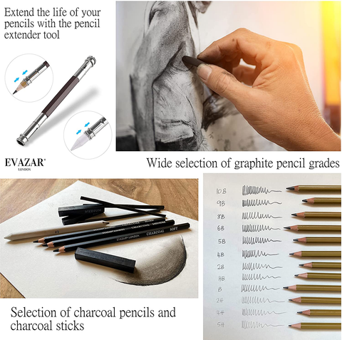Sketching Supplies and Drawing Pencils; Artists Sketch Kit Includes Assorted Graphite and Charcoal Pencils and Sticks Presented in Sturdy Portable Case with Integrated Stands; EVAZAR Quality Art Supplies