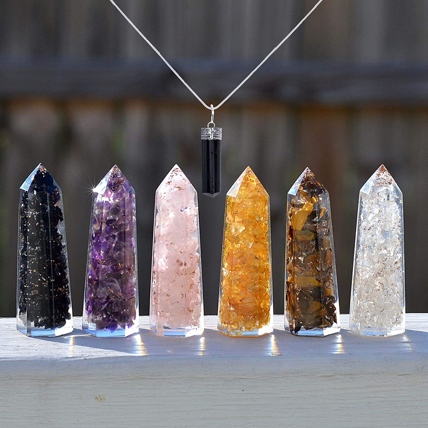 Healing Crystal Wand Set of 6 Orgonite – Includes 3” Amethyst Crystal, Tigers Eye, Rose Quartz, Black Tourmaline Stone, Citrine and Clear Quartz Orgone Crystal plus Black Tourmaline Necklace