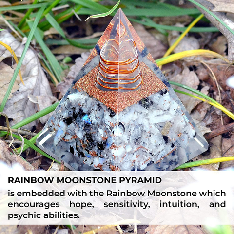 Image of New Inspirational Orgonite Pyramid for Success | Rainbow Moonstone Orgone Pyramid for Anti-Stress - Calmness – Growth – Strength – Healing Crystal Gemstone Pyramid