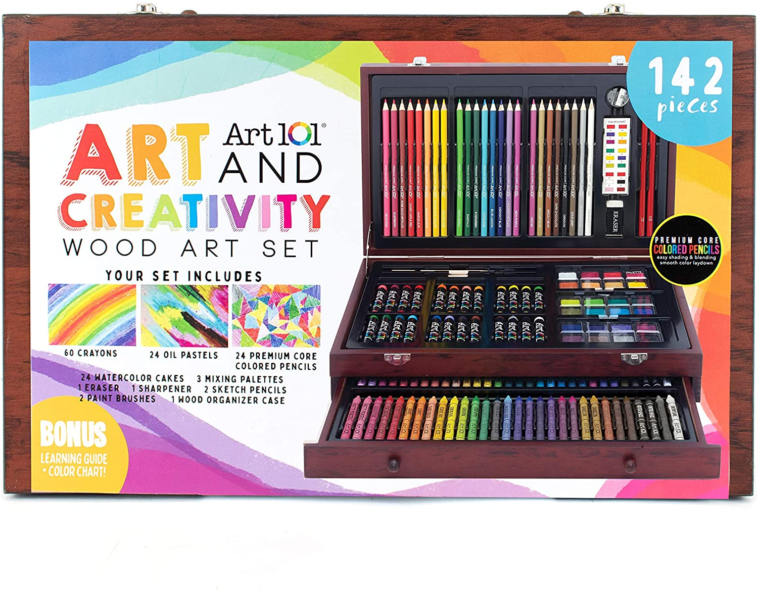142 Pc Art Set in a Wood Carrying Case, Includes 24 Premium Colored Pencils, a Variety of Coloring and Painting Mediums: Crayons, Oil Pastels, Watercolors; Portable Art Studio