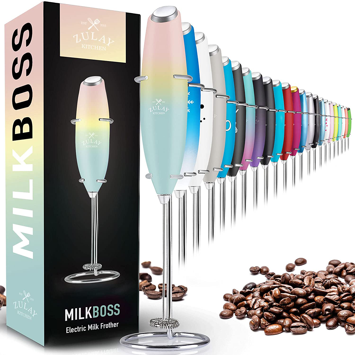 Zulay Original Milk Frother Handheld Foam Maker for Lattes - Whisk Drink Mixer for Coffee, Mini Foamer for Cappuccino, Frappe, Matcha, Hot Chocolate by Milk Boss (Black)