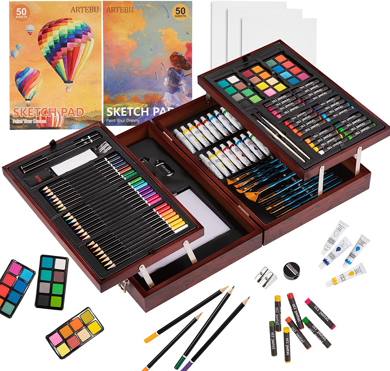 130-Piece Art Kit Painting Supplies in Portable Wooden Art Case, Acrylic Paints, Oil Pastels, Colored Pencils, Portable Art Set Gift for Kids Beginners and Artists
