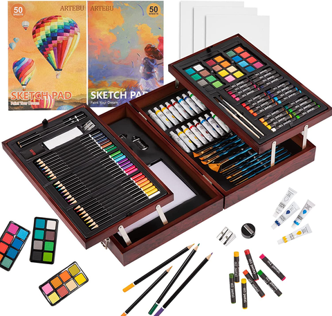 Image of 130-Piece Art Kit Painting Supplies in Portable Wooden Art Case, Acrylic Paints, Oil Pastels, Colored Pencils, Portable Art Set Gift for Kids Beginners and Artists