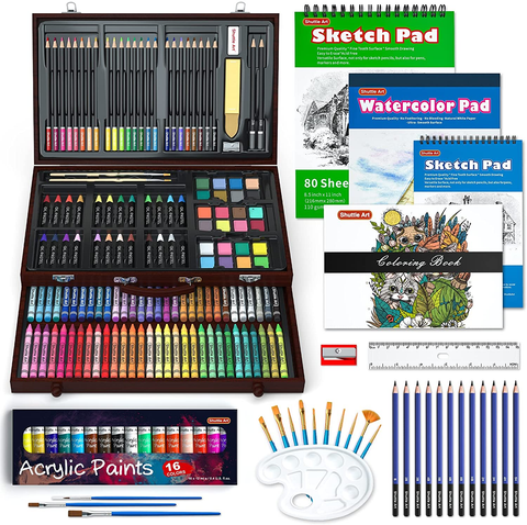 Image of 186 Piece Deluxe Art Set, Shuttle Art Art Supplies in Wooden Case, Painting Drawing Art Kit with Acrylic Paint Pencils Oil Pastels Watercolor Cakes Coloring Book Watercolor Sketch Pad for Kids Adults