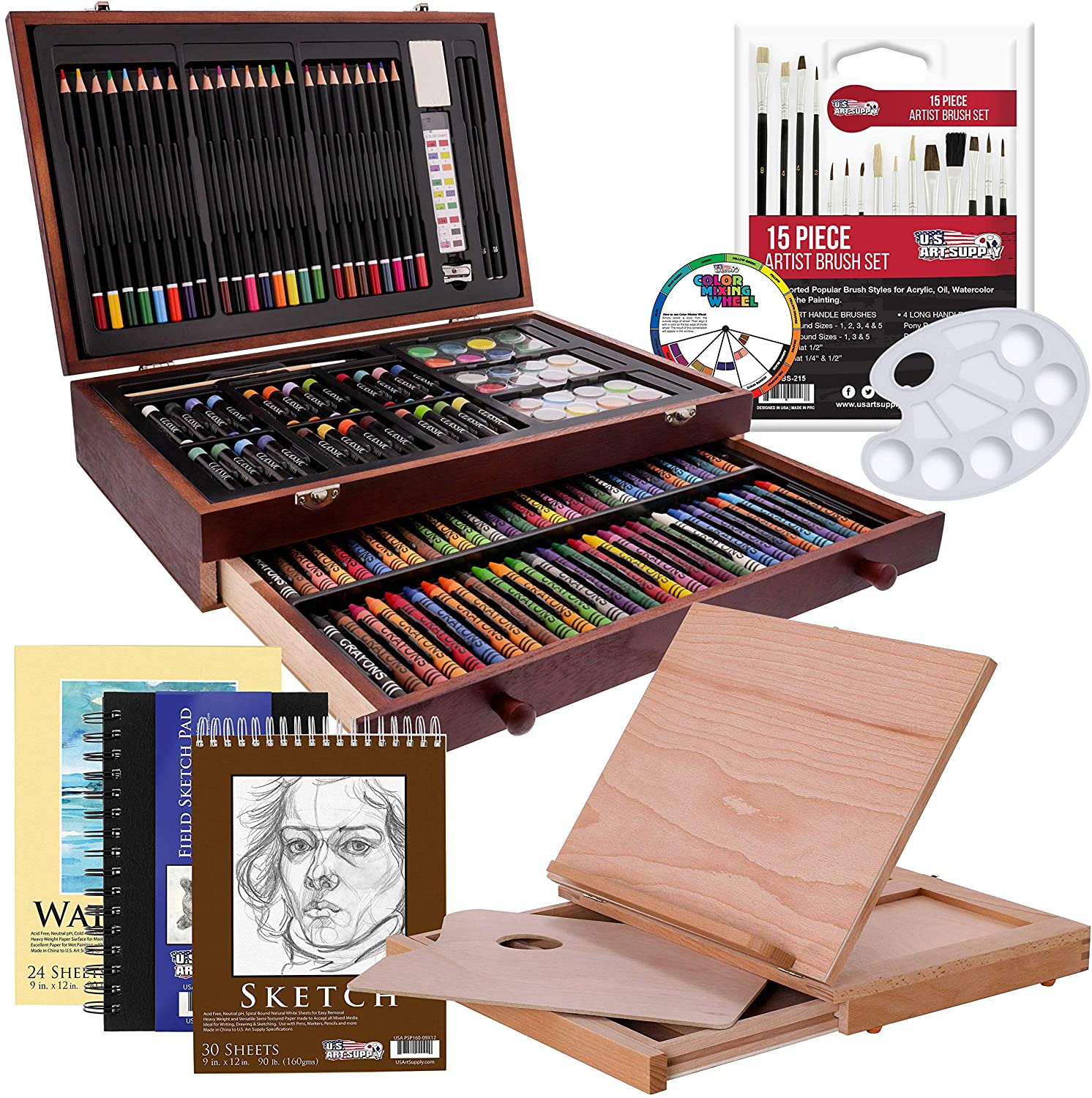 U.S. Art Supply 163-Piece Mega Deluxe Art Painting, Drawing Set in Wood Box, Desk Easel - Artist Painting Pad, 2 Sketch Pads, 24 Watercolor Paint Colors, 24 Oil Pastels, 24 Colored Pencils, 60 Crayons